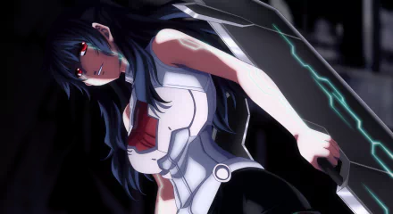 HD anime desktop wallpaper featuring Su-Na Lee from Freezing, depicted with dark hair, red eyes, and futuristic white armor in a dramatic pose.