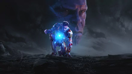 HD desktop wallpaper displaying Iron Man, portrayed by Robert Downey Jr., against a dark background with Thanos' face looming above, inspired by the movie Iron Man 3.
