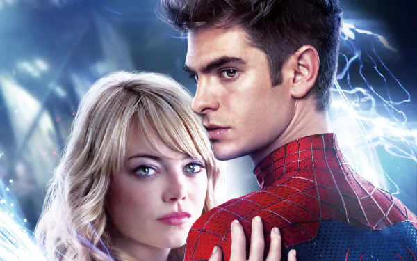 HD desktop wallpaper featuring Andrew Garfield as Spider-Man and Emma Stone as Gwen Stacy from The Amazing Spider-Man 2 movie.