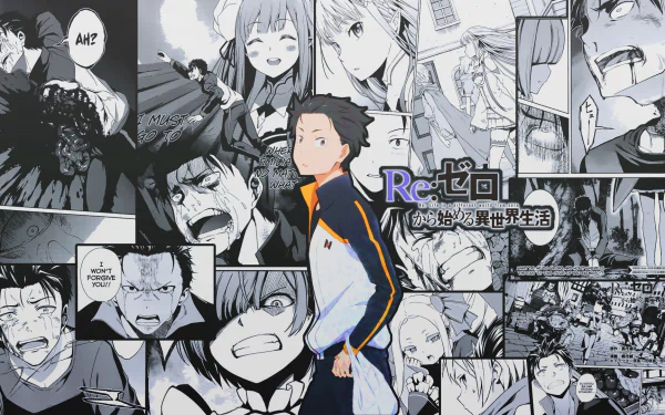 A dynamic HD wallpaper featuring Subaru Natsuki from Re:Zero - Starting Life in Another World, surrounded by expressive black-and-white scenes from the anime.