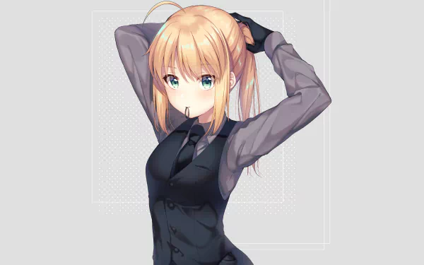 Artoria Pendragon from Fate/Grand Order, depicted in a stylish outfit, adjusting her hair. The image is a vibrant 4K Ultra HD desktop wallpaper, showcasing detailed anime art.