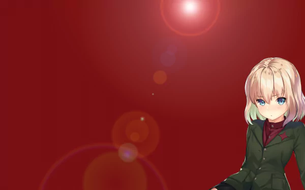 Katyusha (Girls und Panzer) anime portrait at right on a deep red background with lens flare — HD PC desktop wallpaper/background