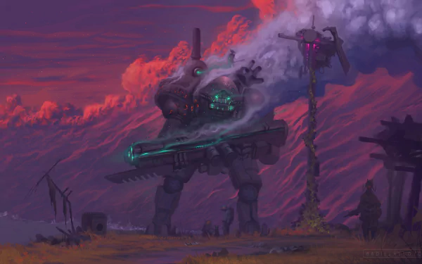 HD desktop wallpaper featuring a sci-fi scene with a large robot holding a weapon, set against a dramatic, smoky sky. The futuristic and intense atmosphere creates a captivating background.