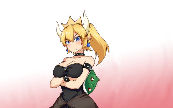 HD desktop wallpaper featuring Bowsette with a confident pose against a soft pink background.