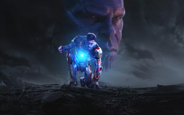 HD desktop wallpaper displaying Iron Man, portrayed by Robert Downey Jr., against a dark background with Thanos' face looming above, inspired by the movie Iron Man 3.