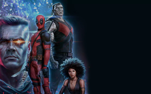 Deadpool, Cable, and Domino from Deadpool 2 Marvel movie depicted in an 8K Ultra HD PC desktop wallpaper with vibrant, detailed comic-style visuals.