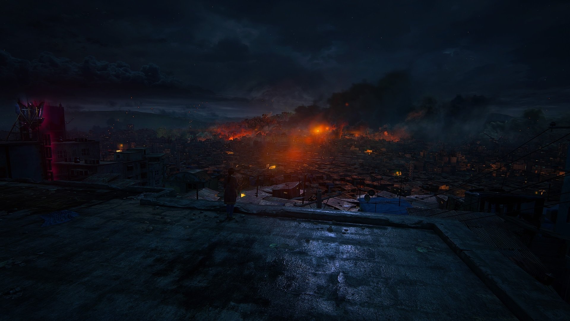 Dark, atmospheric 4K Ultra HD PC wallpaper featuring a fiery, war-torn landscape from the video game Uncharted: The Lost Legacy.