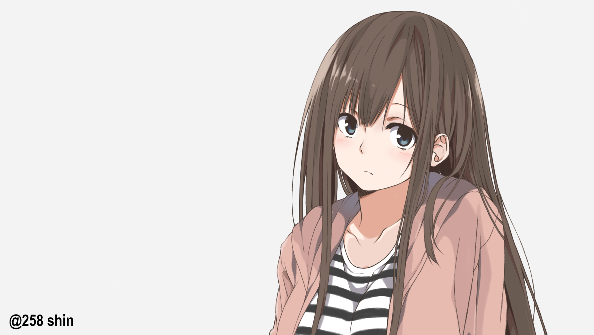 HD anime-style original artwork featuring a girl with long brown hair wearing a striped shirt and light pink jacket, designed as a PC desktop wallpaper.