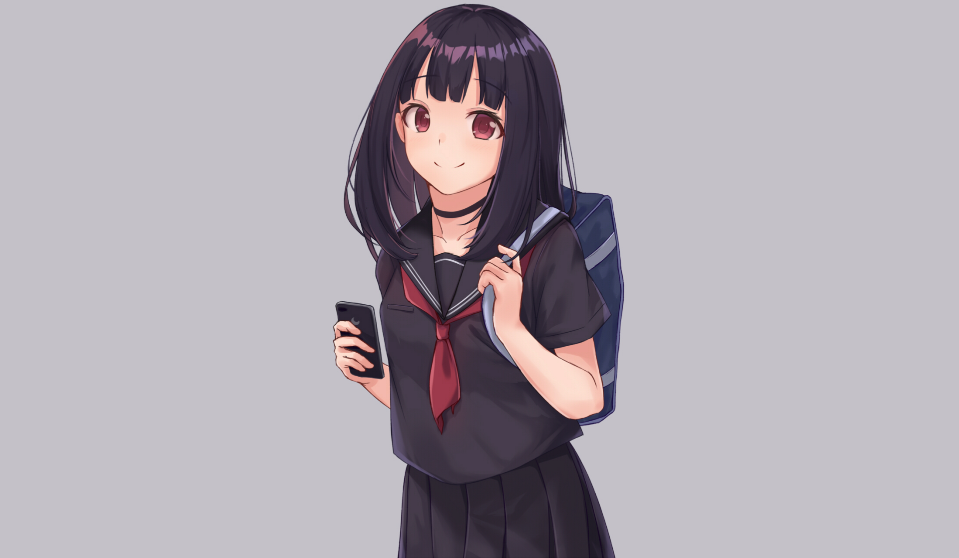 HD anime-style original artwork of a girl in a school uniform holding a phone and backpack, designed as a PC desktop wallpaper and background.