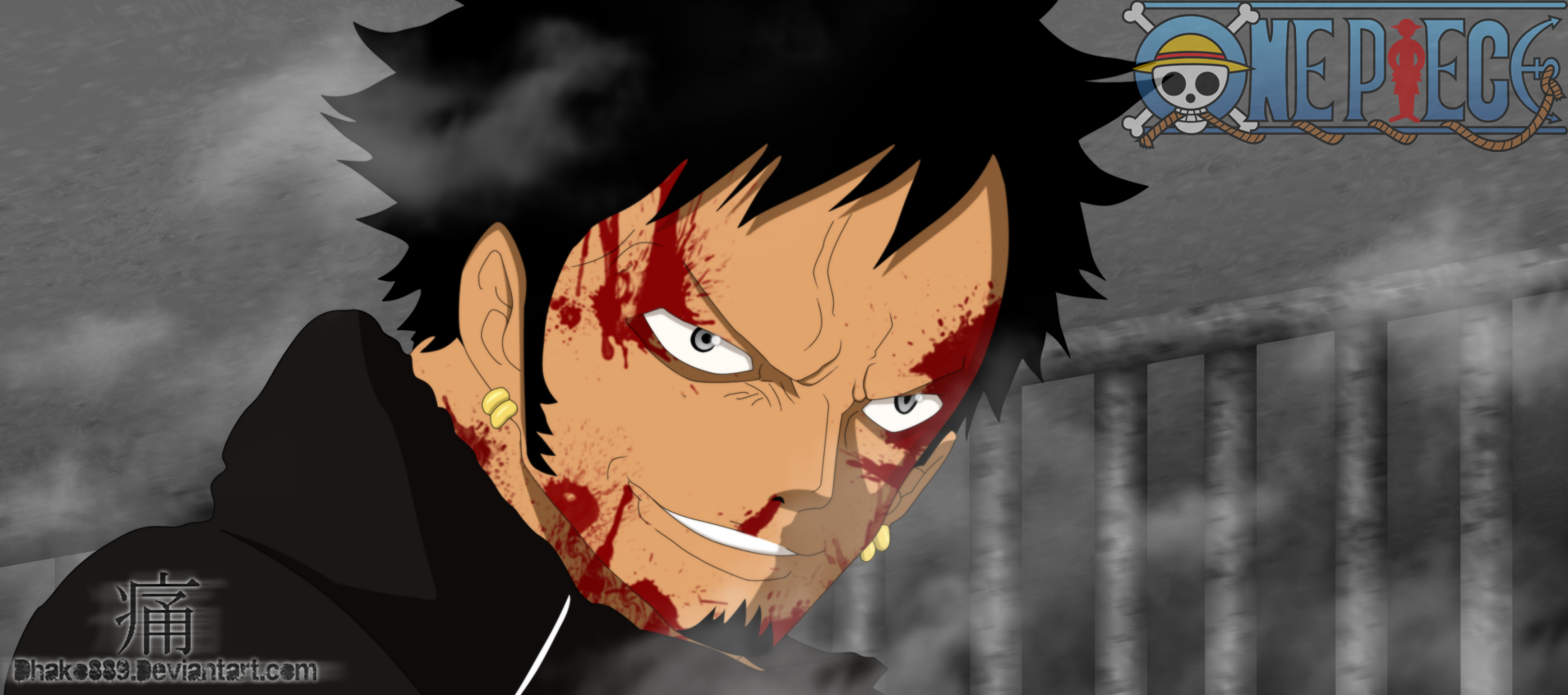 Close-up of Trafalgar Law (One Piece) with a blood-splattered face and fierce glare, dark moody background — 2K Quad HD anime PC desktop wallpaper.