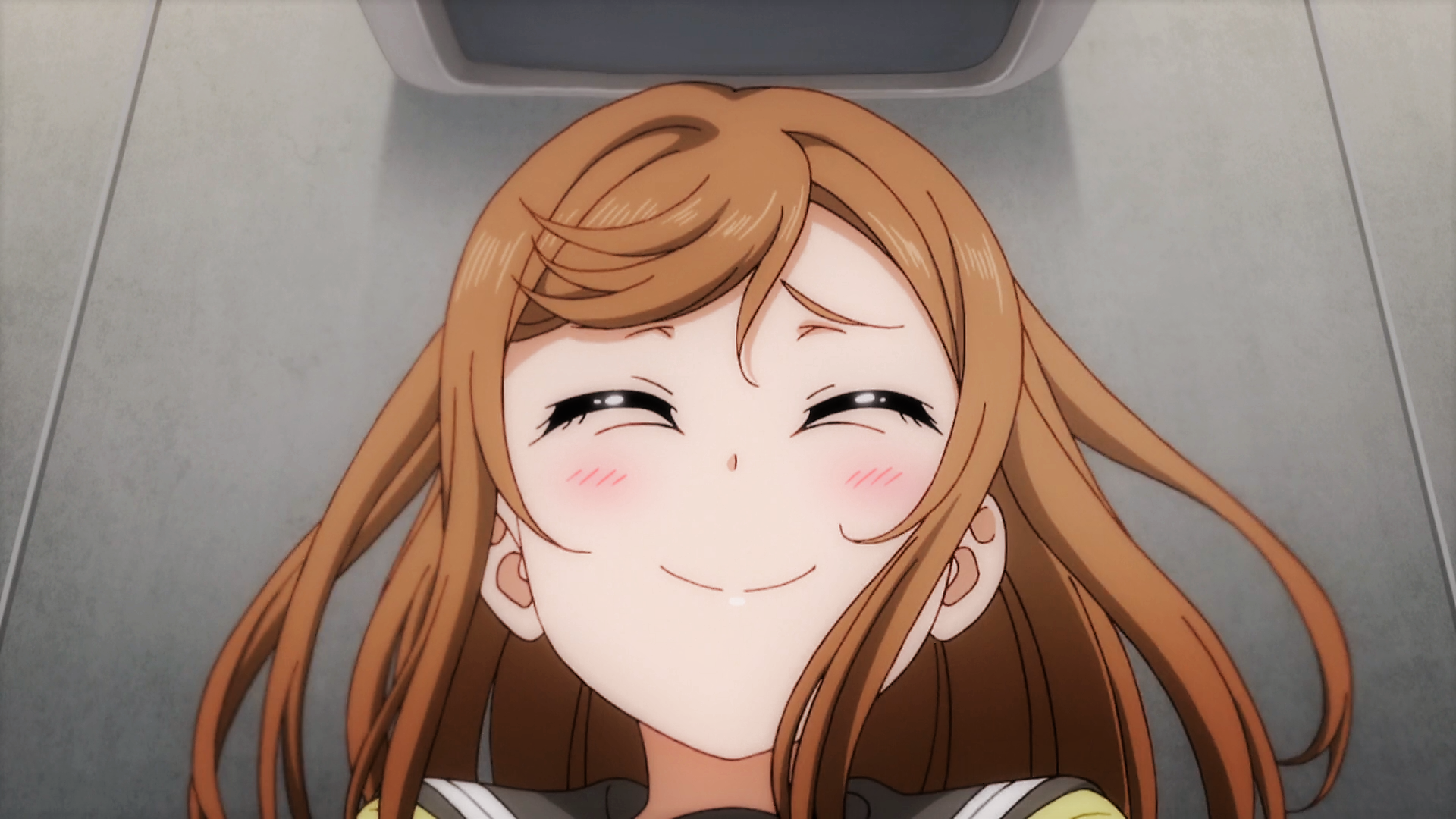 HD PC desktop wallpaper featuring Hanamaru Kunikida from the anime Love Live! Sunshine!! with a joyful expression and wind-swept hair.