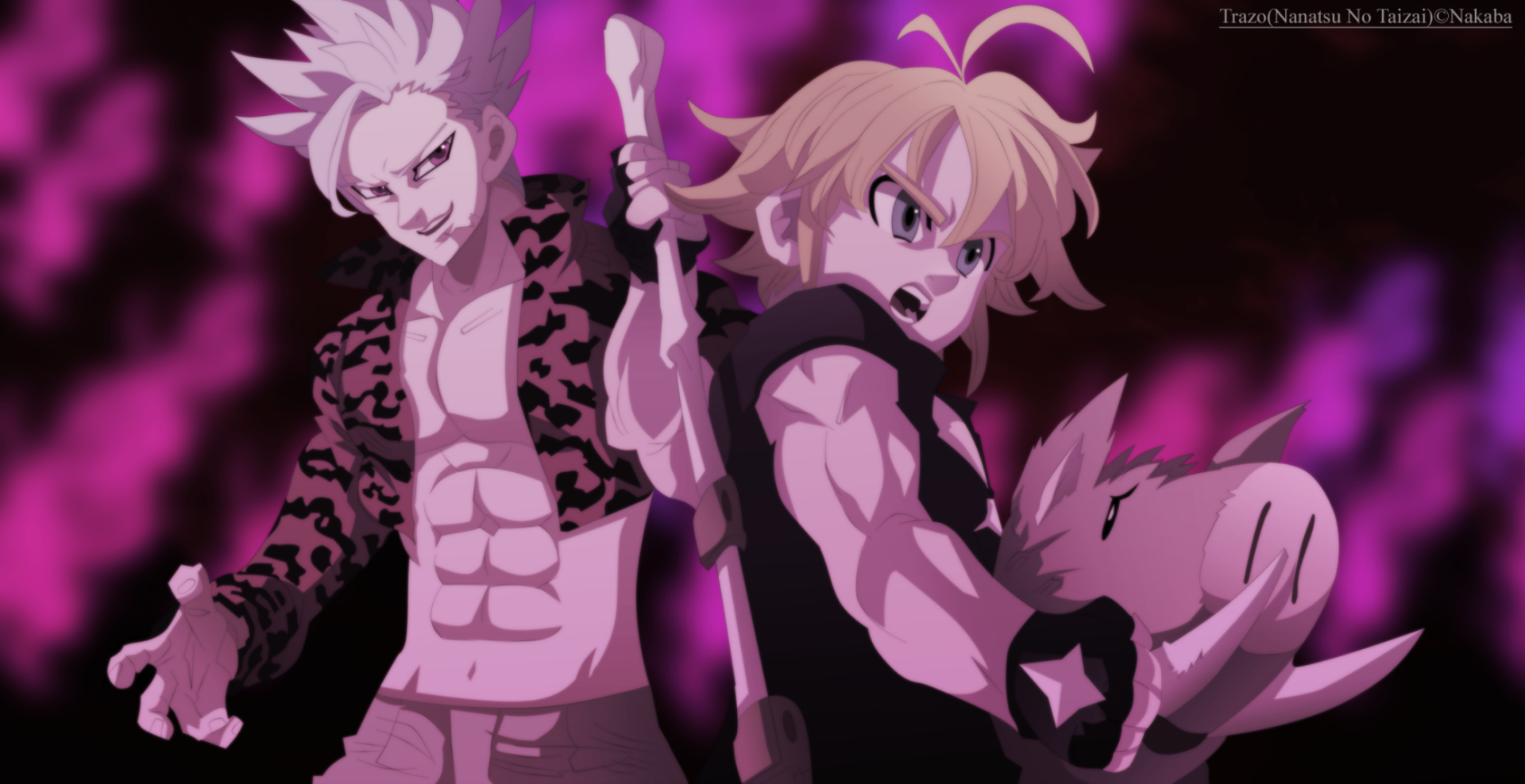 HD PC desktop wallpaper featuring Ban and Meliodas from the anime The Seven Deadly Sins, with a dynamic purple and black background.