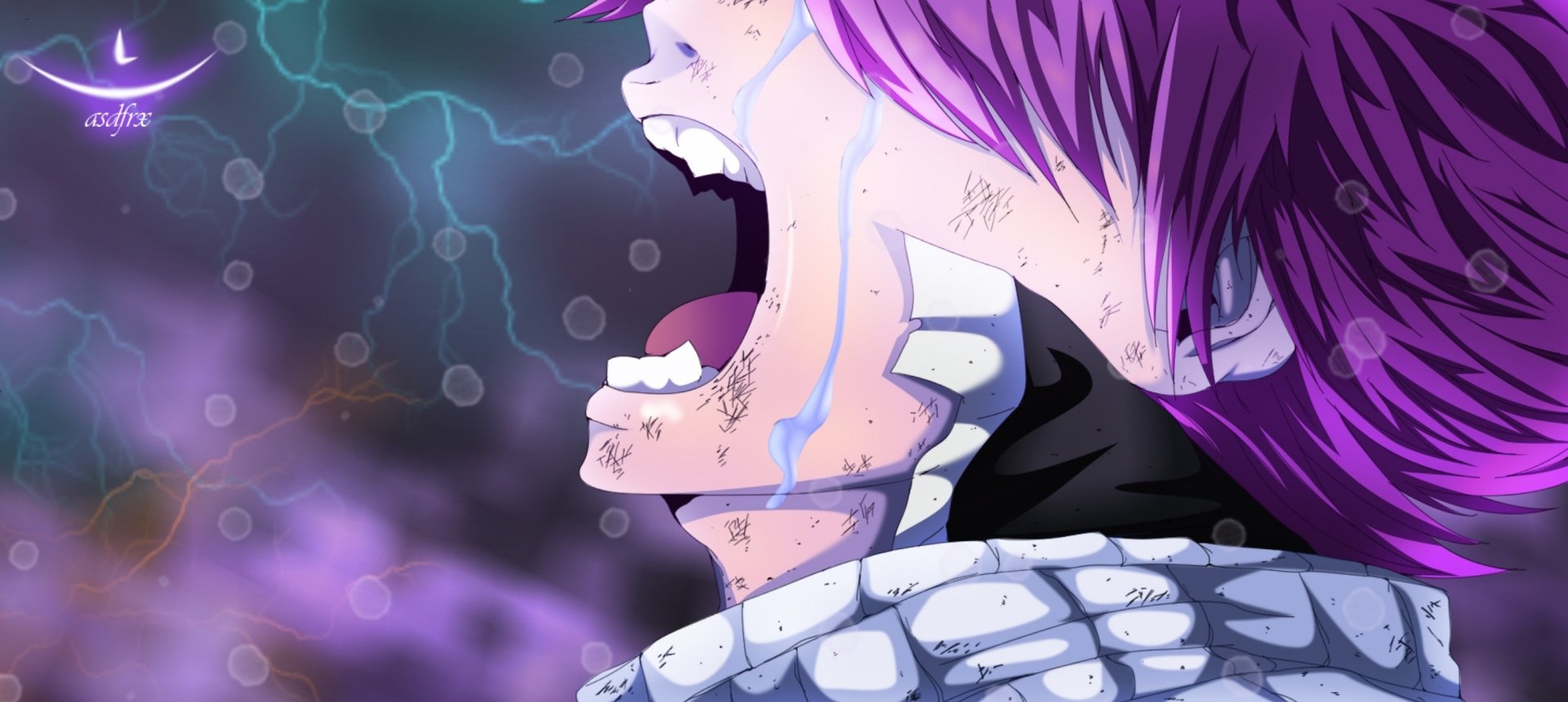 HD PC desktop wallpaper featuring Natsu Dragneel from the anime Fairy Tail, depicted with intense emotion and lightning effects in a dynamic, vibrant style.