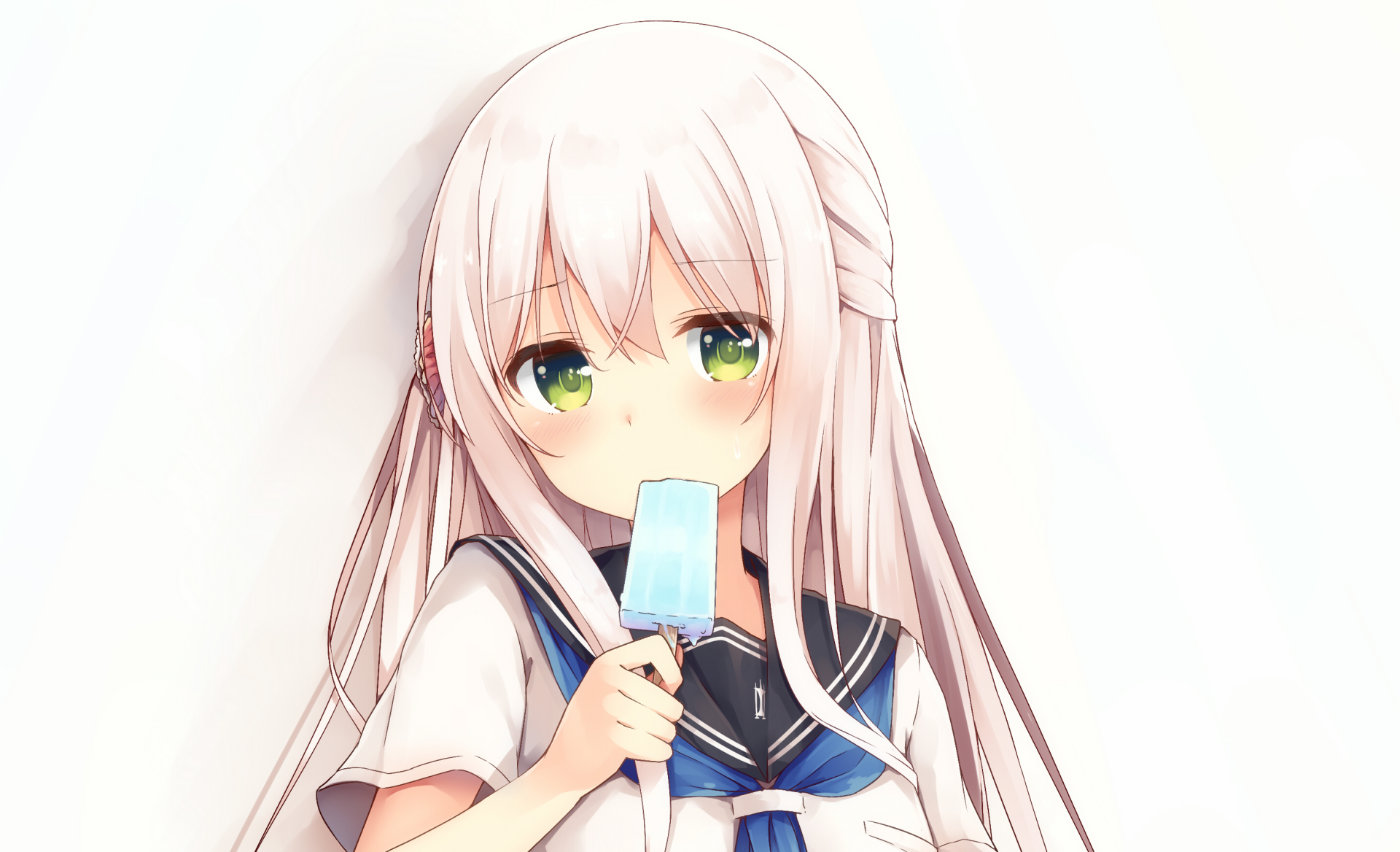 Anime girl with long white hair and green eyes enjoys a blue ice cream popsicle, featured in a vibrant HD PC desktop wallpaper and background.