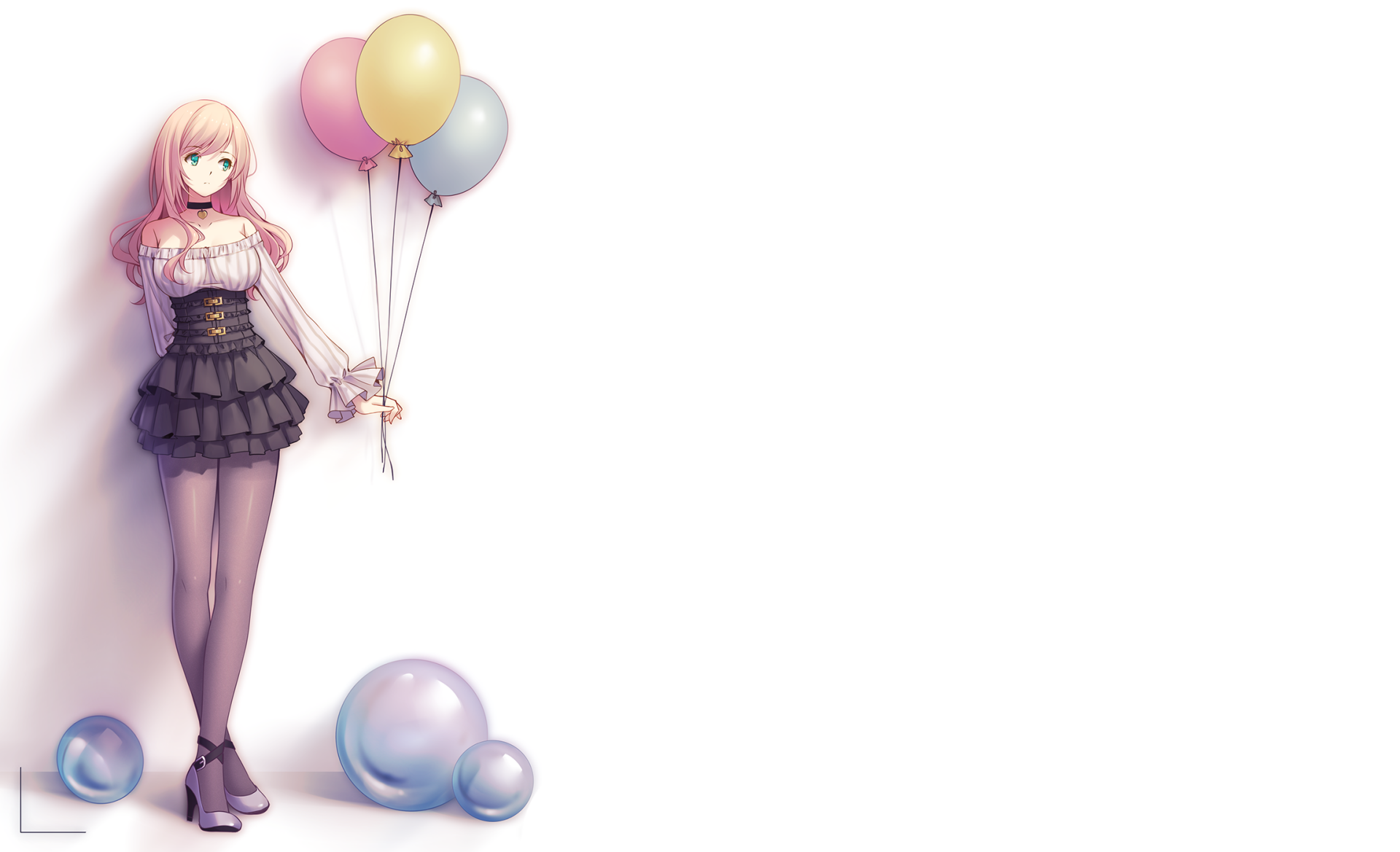 Anime-style original HD desktop wallpaper featuring a girl holding colorful balloons, standing beside floating balloon orbs on a clean white background.