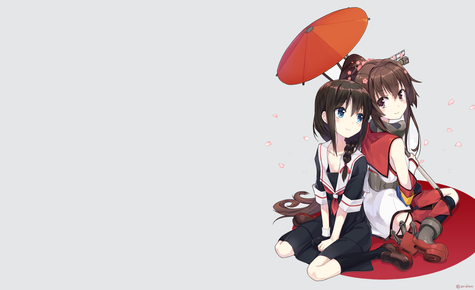 HD PC desktop wallpaper featuring Shigure and Yamato from Kantai Collection in anime style against a soft gray background with cherry blossom petals.