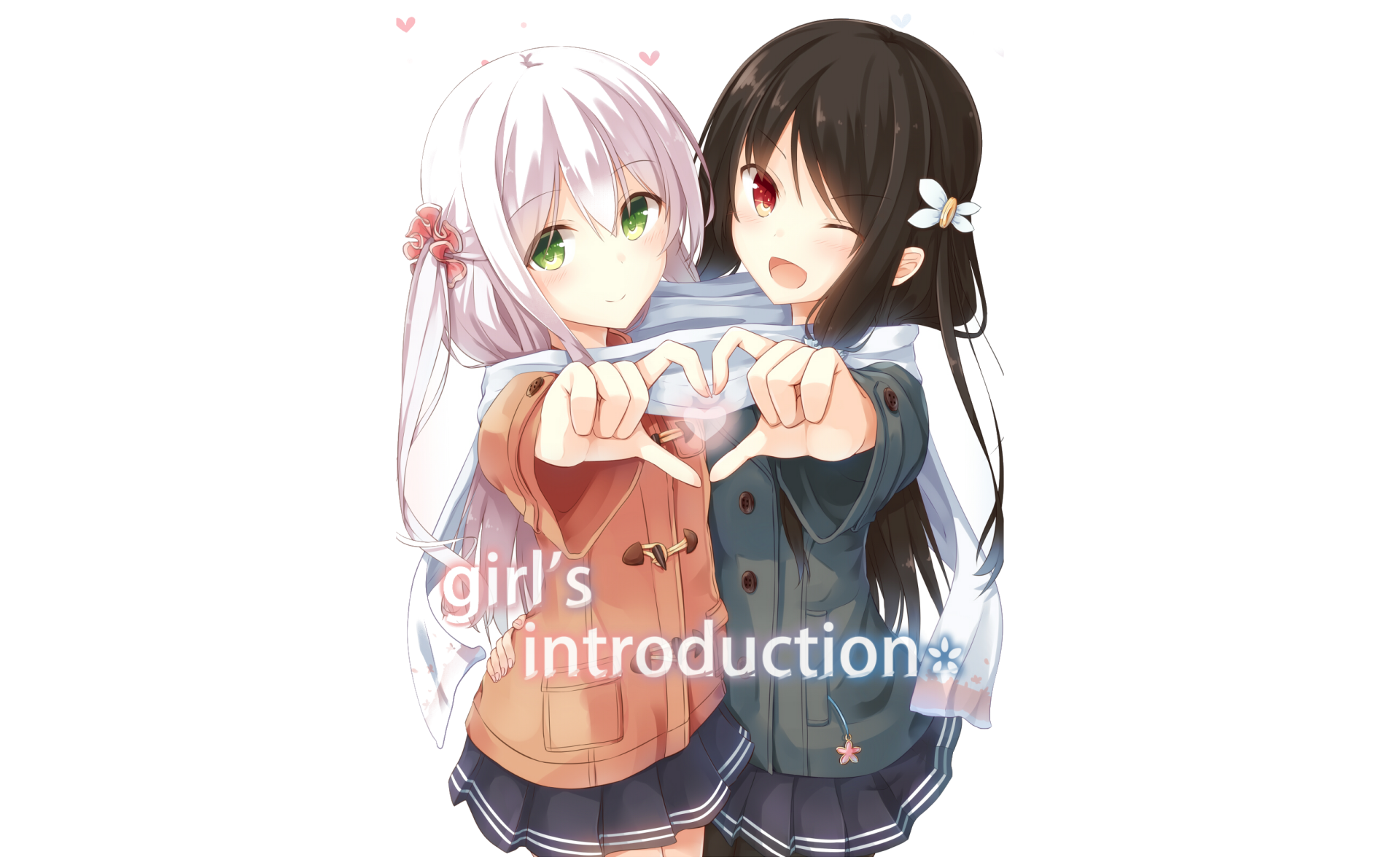 Anime original 2K Quad HD PC desktop wallpaper/background: two schoolgirls—one white-haired with green eyes, one dark-haired with red eyes—smiling and forming a heart with their hands; text girl's introduction.