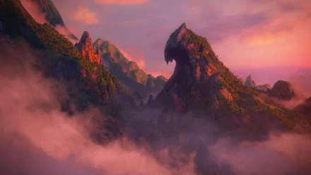 Uncharted 4: A Thief's End video game 4K Ultra HD PC desktop wallpaper — misty tropical mountain range at sunset with a dramatic bird-shaped peak rising above clouds.