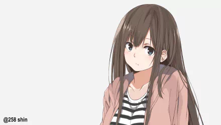 HD anime-style original artwork featuring a girl with long brown hair wearing a striped shirt and light pink jacket, designed as a PC desktop wallpaper.