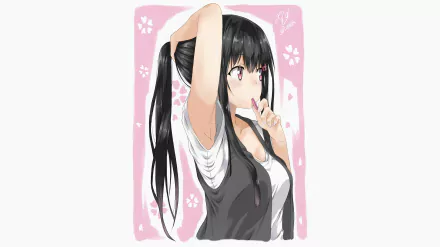 Anime-style original artwork of a girl with long black hair, tying it up, set against a soft pink background. 4K Ultra HD PC desktop wallpaper and background.