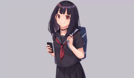 HD anime-style original artwork of a girl in a school uniform holding a phone and backpack, designed as a PC desktop wallpaper and background.