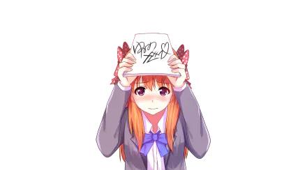HD PC desktop wallpaper featuring Chiyo Sakura from the anime Monthly Girls’ Nozaki-kun holding a signed sketch pad above her head.
