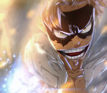 HD PC desktop wallpaper of Taishiro Toyomitsu (Fat Gum) from My Hero Academia — anime close-up, fierce grin with black eye markings, dramatic lighting and energy effects.