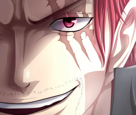 Close-up HD anime wallpaper of Shanks from One Piece, showcasing his intense red eye and distinctive facial scars.