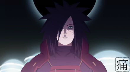 HD PC desktop wallpaper featuring Madara Uchiha from the anime Naruto, showcasing his intense gaze and iconic armor against a dark, glowing background.