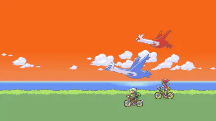 May, Brendan, Latias, and Latios in a vibrant HD desktop wallpaper from Pokémon: Ruby, Sapphire, and Emerald.