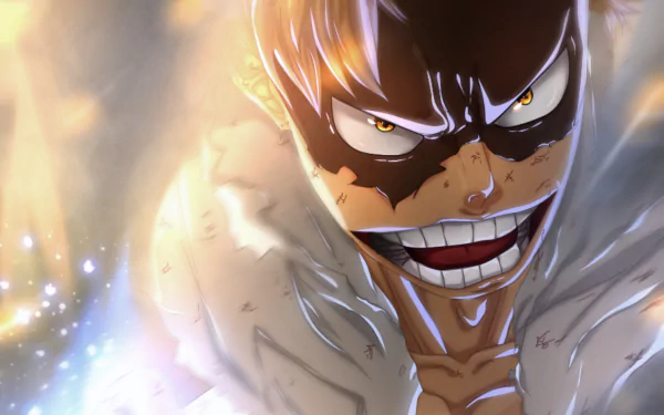 HD PC desktop wallpaper of Taishiro Toyomitsu (Fat Gum) from My Hero Academia — anime close-up, fierce grin with black eye markings, dramatic lighting and energy effects.