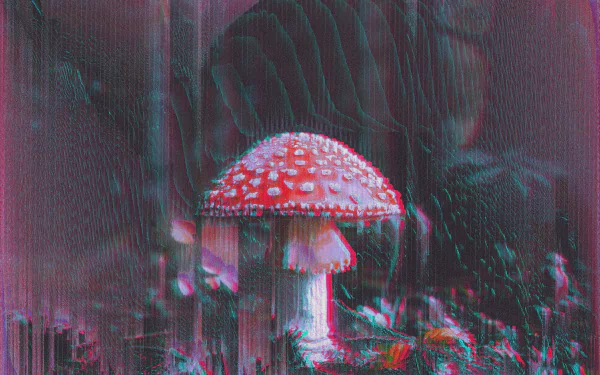 5K Ultra HD PC desktop wallpaper: glitch-art mushroom — red-and-white toadstool in a neon, distorted forest with artistic RGB glitch effects.