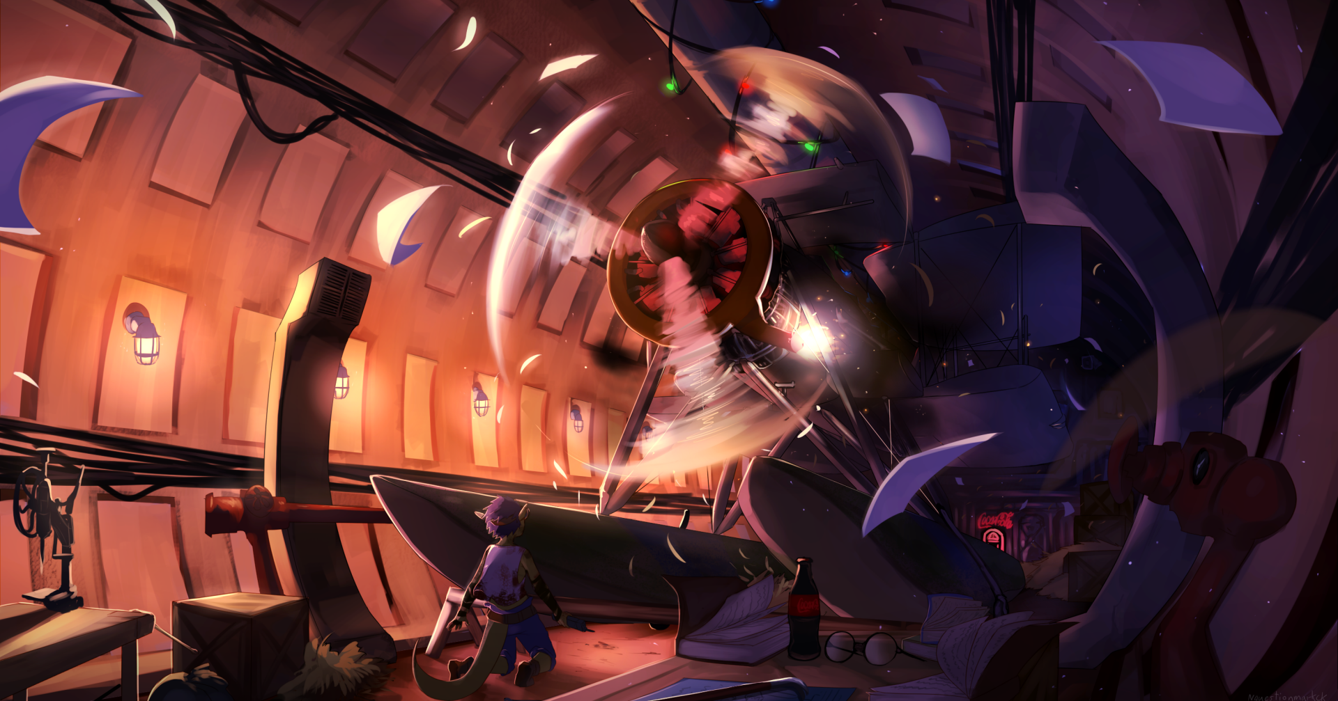 Anime original 2K Quad HD PC desktop wallpaper: a damaged warplane inside a shattered hangar, pilot crouched as debris and sparks swirl in warm orange light.