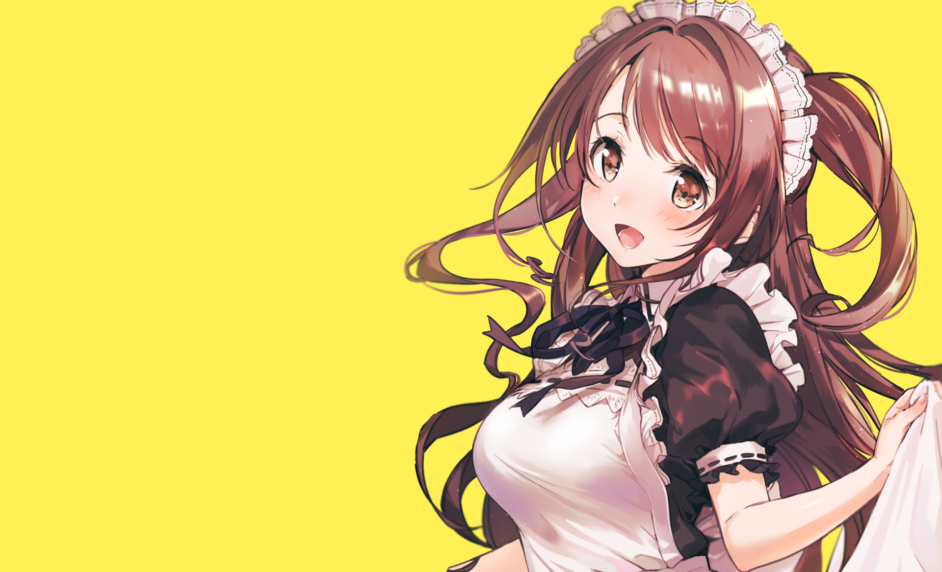 Anime-style HD desktop wallpaper of Uzuki Shimamura from The iDOLM@STER Cinderella Girls, featuring her smiling with long brown hair in a maid outfit against a yellow background.