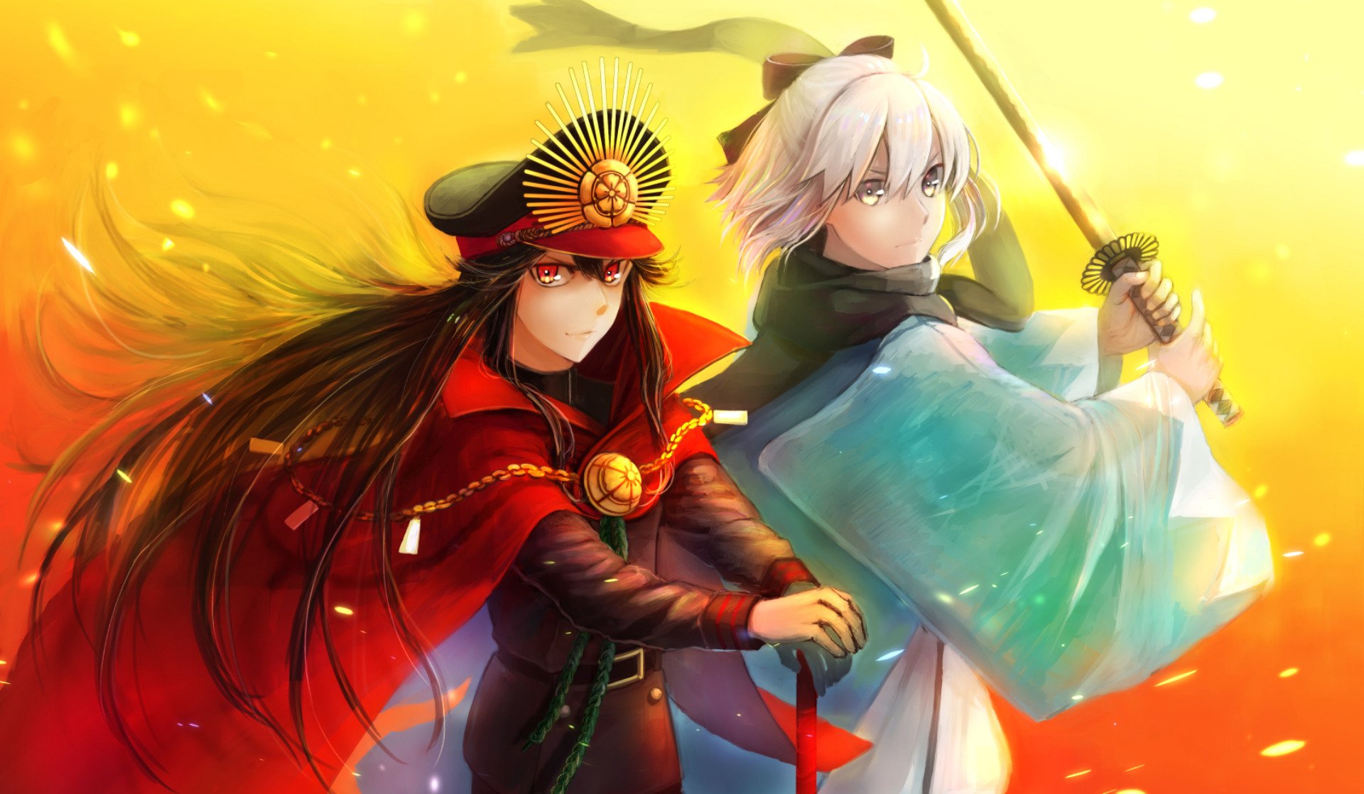 HD anime wallpaper featuring Okita Sōji and Oda Nobunaga from Fate/Grand Order, with vibrant colors and dynamic poses.