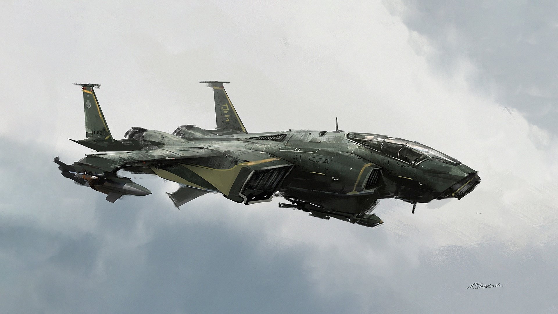 Futuristic military warplane soars through cloudy skies in this HD sci-fi aircraft desktop wallpaper and background.