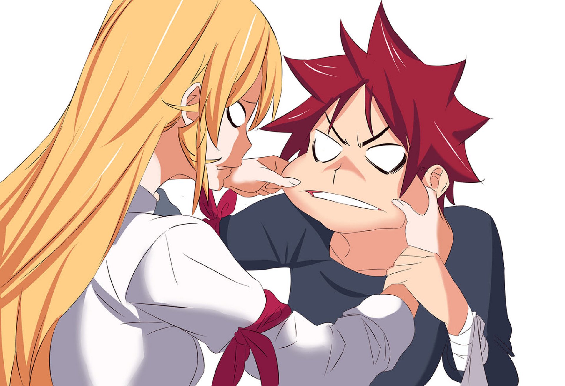 HD PC desktop wallpaper featuring Sōma Yukihira and Erina Nakiri from the anime Food Wars: Shokugeki no Soma in a playful moment.