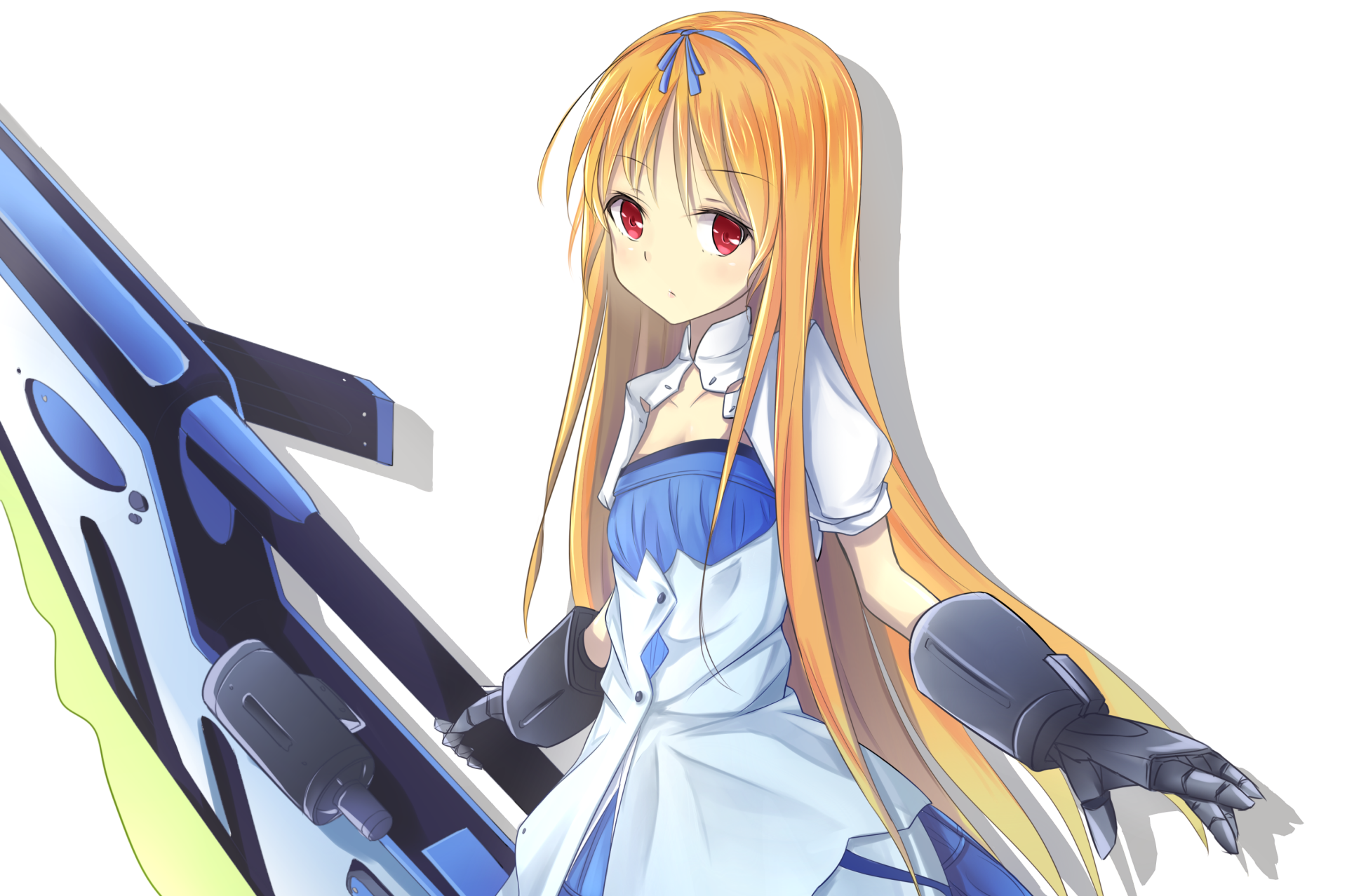 An original anime-style character with long blonde hair and red eyes, holding a futuristic sword, set against a clean white background as an HD PC desktop wallpaper.