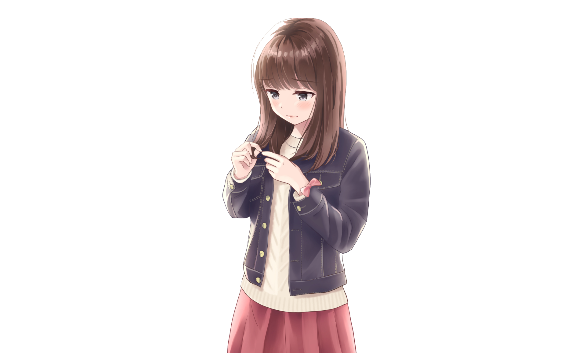 HD anime-style wallpaper of a sad girl with brown hair, wearing a dark jacket and red skirt, set against a plain white background.