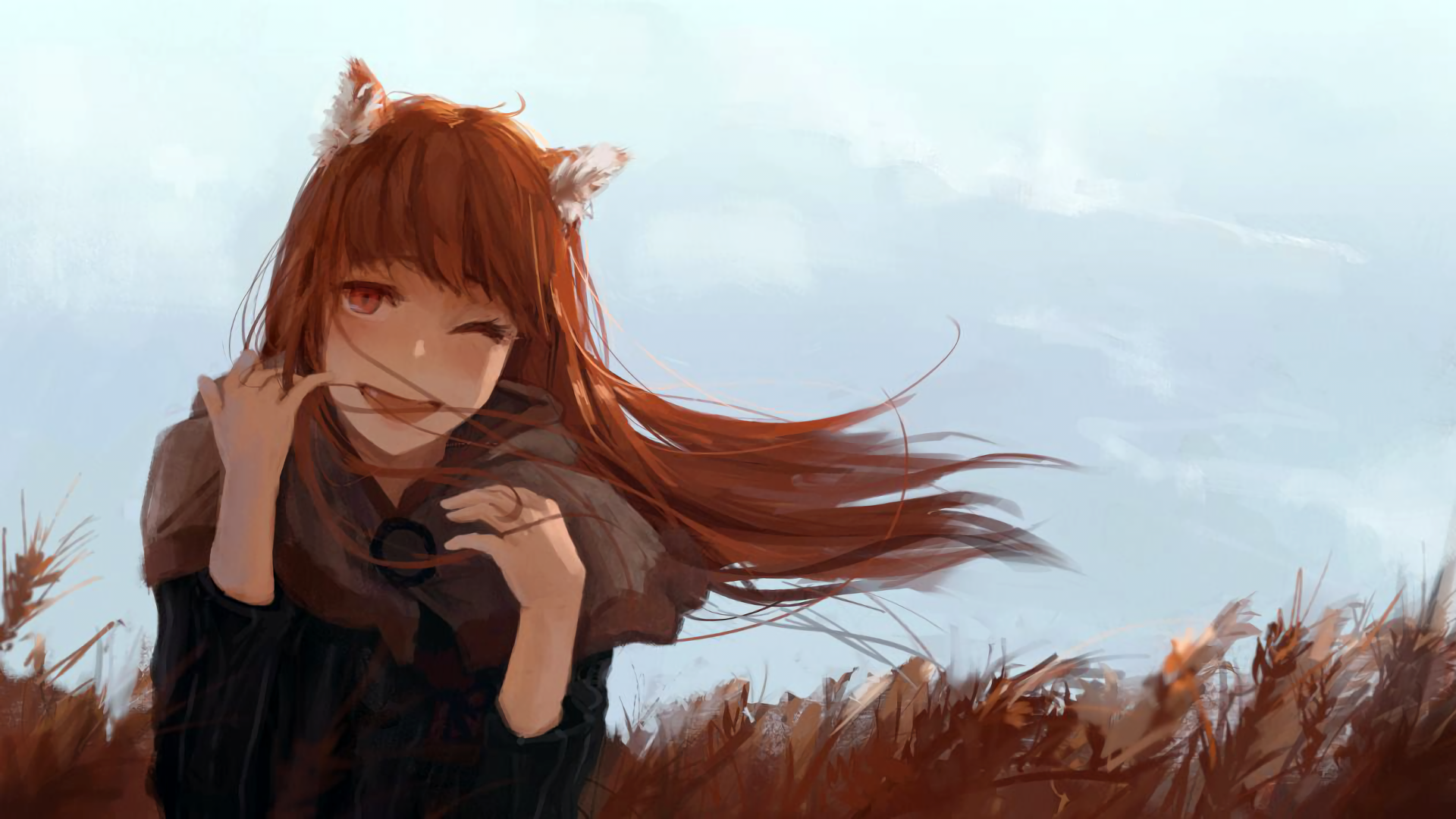 Anime-style HD desktop wallpaper featuring Holo from Spice and Wolf with flowing red hair, fox ears, and a wheat field background under a cloudy sky.