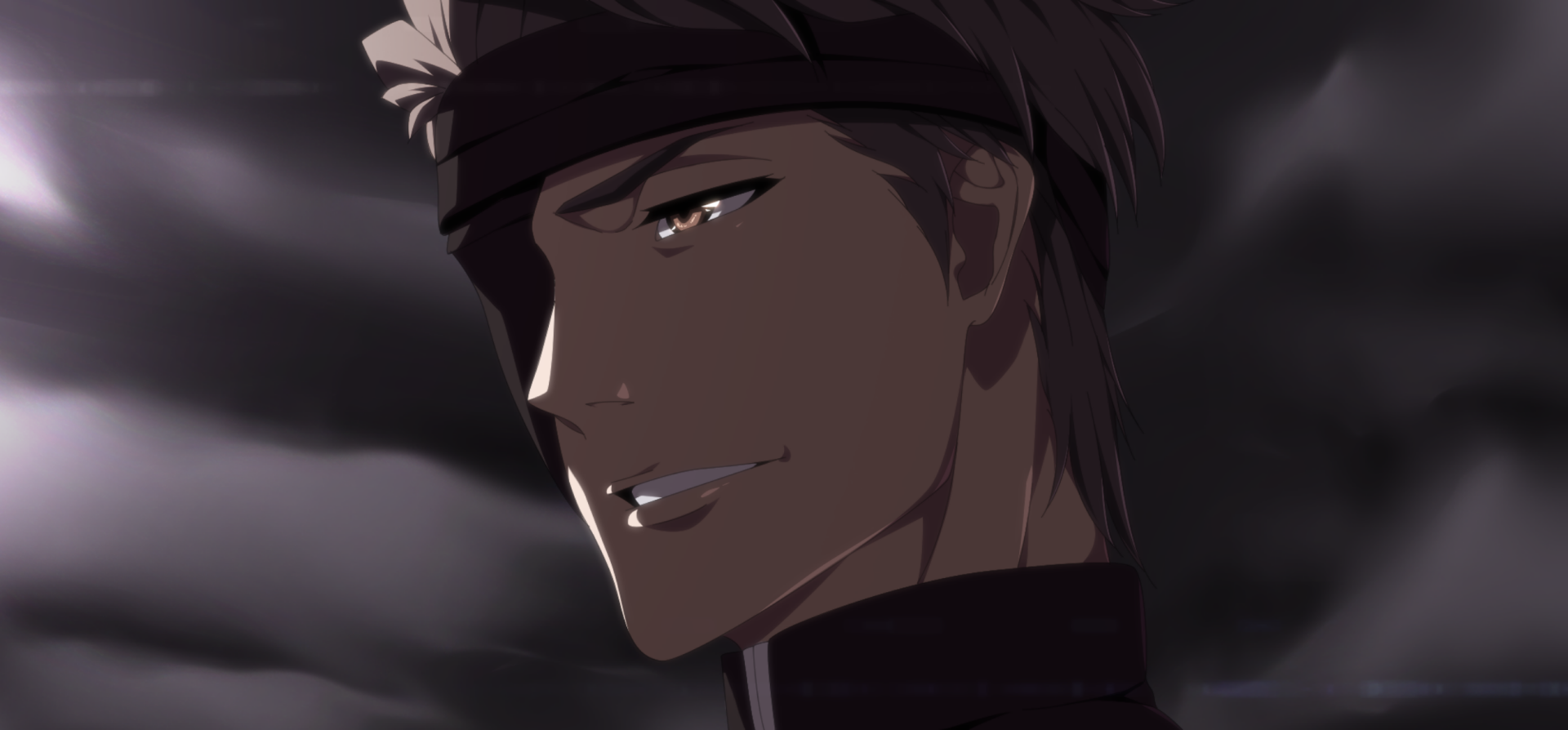 Sōsuke Aizen (Bleach) — close-up anime portrait: shadowed face, sly smile and stormy clouds, HD PC desktop wallpaper/background.