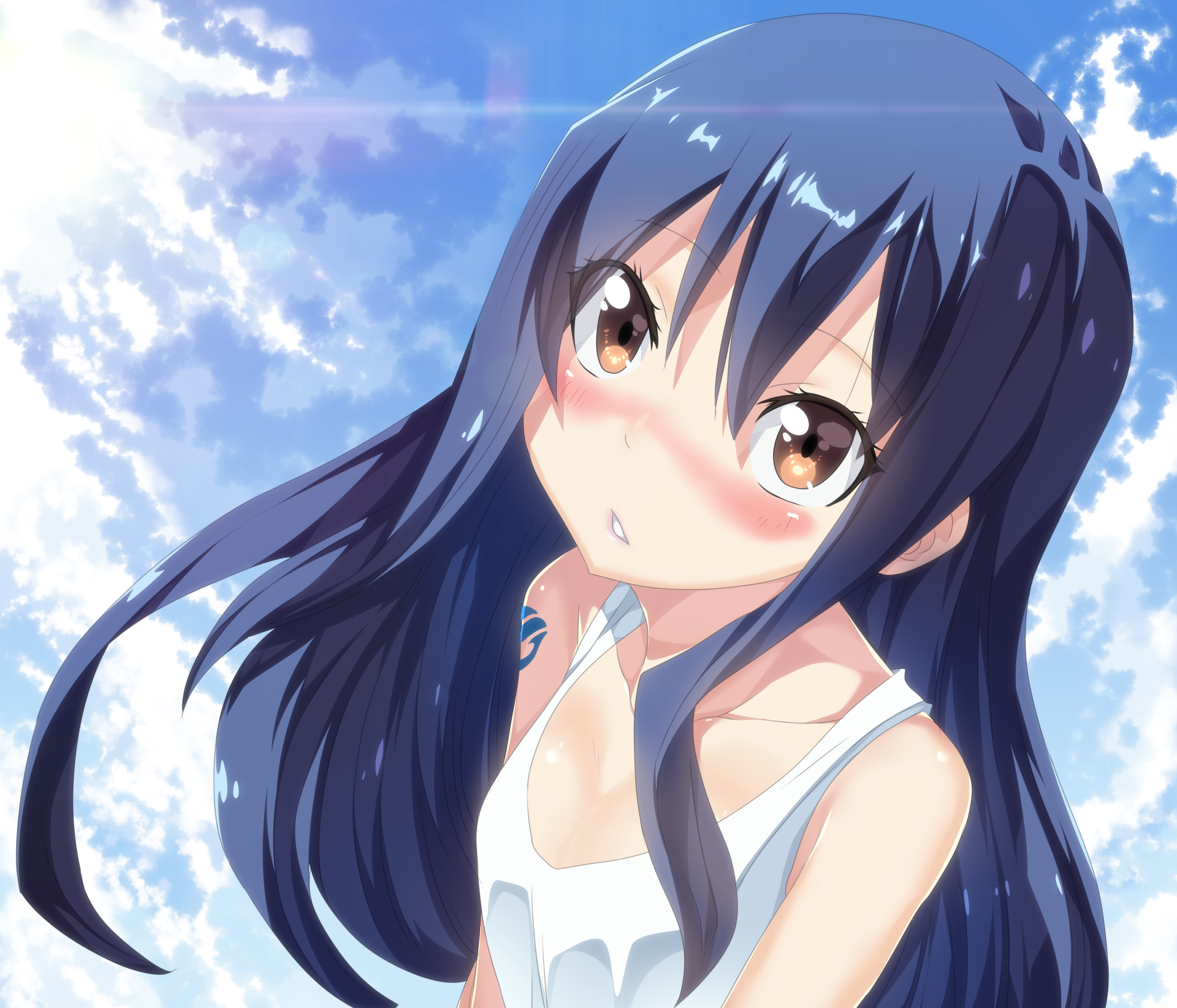 Wendy Marvell from Fairy Tail with flowing dark hair, looking up against a bright blue sky, featured in a vibrant 4K Ultra HD anime desktop wallpaper.