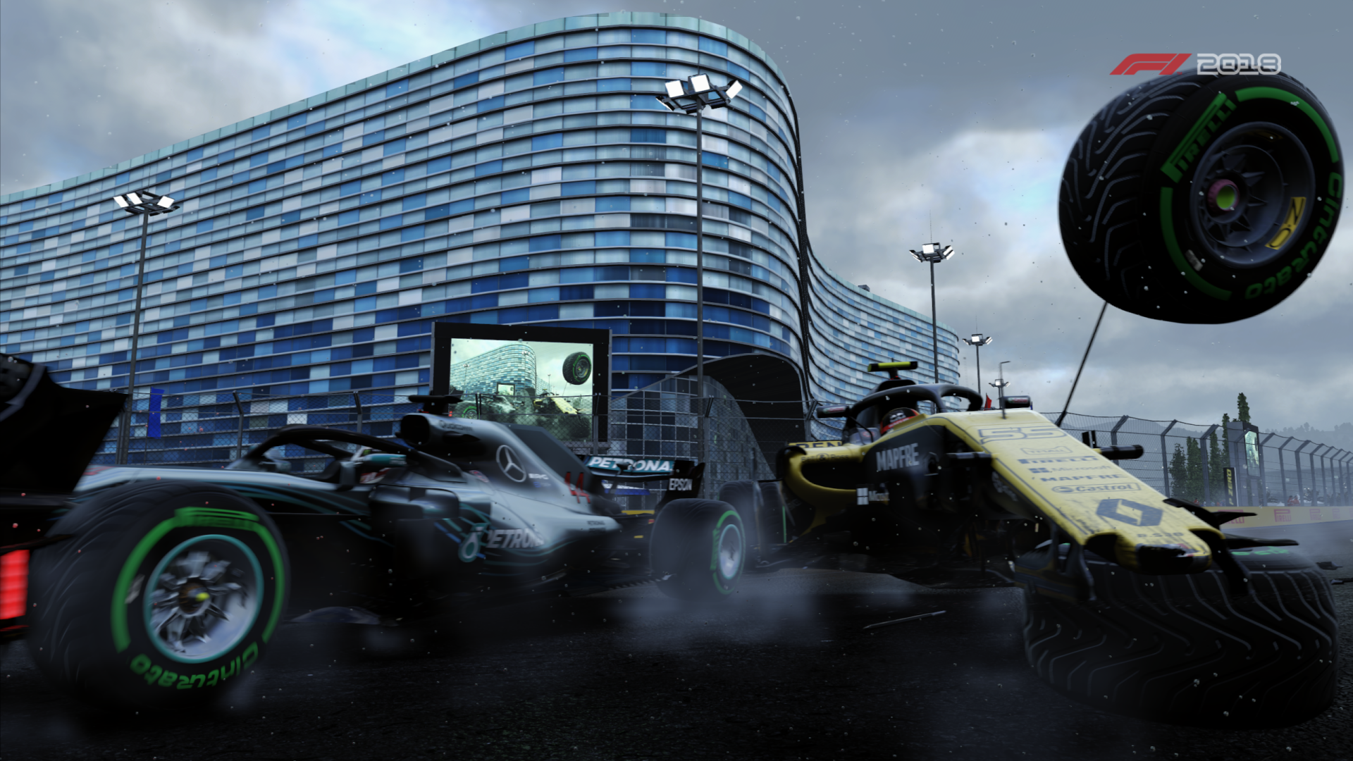 Download Crash Mercedes AMG F1 W09 EQ Power Mercedes Renault Renault R.S.18 F1 Vehicle Video Game F1 2018 HD Wallpaper by FLX-II