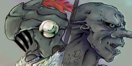 HD anime desktop wallpaper featuring a detailed split image of a goblin and a Goblin Slayer character side by side, showcasing intense expressions and fantasy elements.