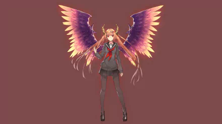 Dark Angel Olivia from Rage of Bahamut, featuring long brown hair, red eyes, horns, wings, and a school uniform with a skirt in a 4K Ultra HD wallpaper.