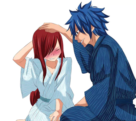 HD PC wallpaper of Fairy Tail's Jellal Fernandes gently ruffling a blushing Erza Scarlet's hair; both in casual yukata-style robes on a white background.