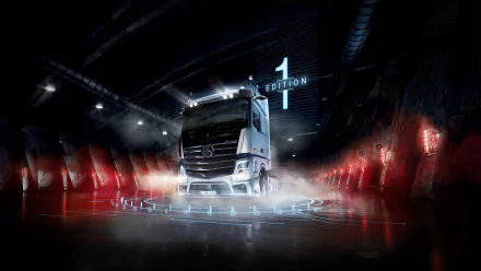 A striking 4K Ultra HD wallpaper featuring a Mercedes-Benz Actros truck illuminated in a dramatic, futuristic tunnel setting, highlighting the #1 Edition branding.
