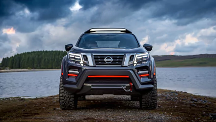 Front view of a Nissan Navara SUV car/vehicle parked by a lake under stormy skies — 4K Ultra HD PC desktop wallpaper and background.