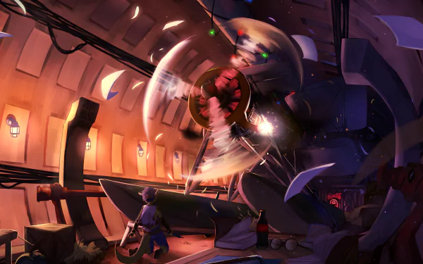 Anime original 2K Quad HD PC desktop wallpaper: a damaged warplane inside a shattered hangar, pilot crouched as debris and sparks swirl in warm orange light.