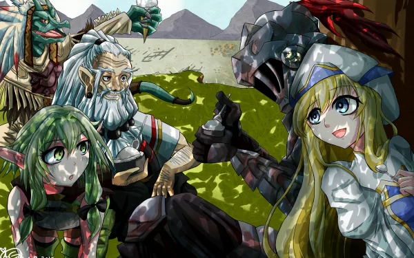 Anime-style 4K Ultra HD wallpaper featuring Dwarf Shaman, Lizard Priest, High Elf Archer, and Priestess from Goblin Slayer in a detailed fantasy landscape.